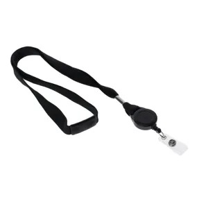 Cinta negra para credencial de identificación con carrete retráctil y clip transparente.