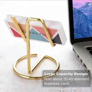 Gold metal business card holder for office desk, minimalist wire card display stand 1pc