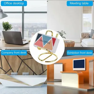 Minimalist gold iron wire card holder stand desktop display base for office desk and table.