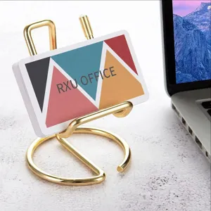 Gold metal desktop card and phone stand minimalist iron display holder for office desk setup