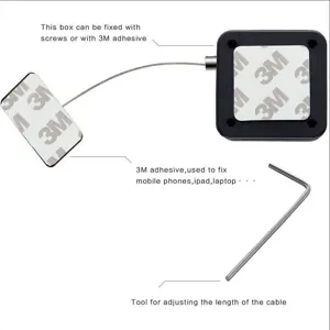 Retractable steel wire security pull box with 3M adhesive pad for phone tablet laptop display