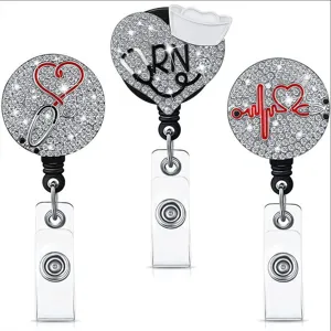 Rhinestone Nurse Badge Reel Retractable Stethoscope Heart ECG Doctor ID Holder!