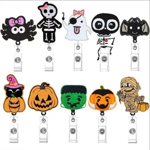 Halloween Felt Badge Reel Retractable ID Card Holder Cute Pumpkin Ghost Nurse Office School Student Badge Clip