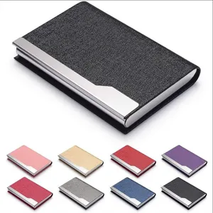 Stainless steel PU leather business card holder sleek metal pocket case minimalist design.