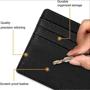 Black PU leather card holder slim minimalist credit card wallet with durable stitching.