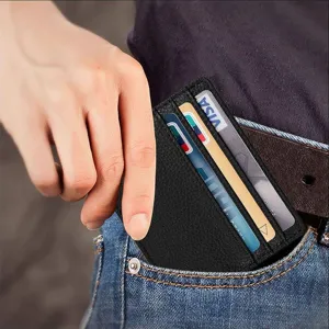 Slim PU leather card holder wallet with multi-card slots, minimalist front pocket design.