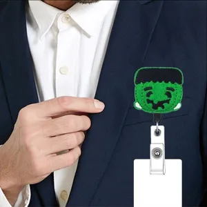 Halloween felt badge reel retractable ID card holder with cute Frankenstein monster design.