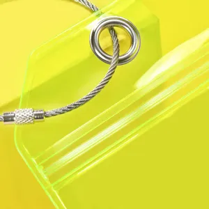 Close-up detail of neon green waterproof pvc card holder with metal wire loop and seal zip.