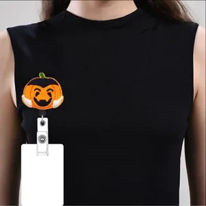 Halloween felt badge reel retractable ID card holder cute pumpkin design name tag clip.