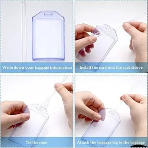 Détail de pochette porte-étiquette de bagage verticale en PVC transparent, étanche.
