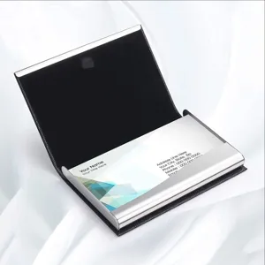 Stainless steel PU leather business card holder detail showing interior design and card slots.