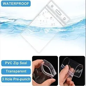 Porte-badge vertical transparent en PVC avec fermeture étanche a glissiere et perforations.