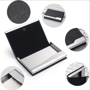 Stainless steel and PU leather business card holder detail showing textured finish and edge design.