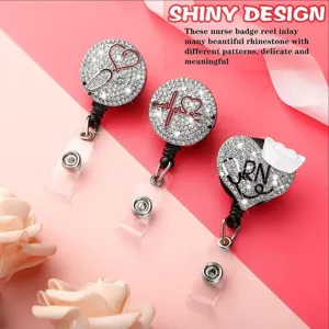 Shiny rhinestone nurse badge reel set with cute stethoscope and heart designs for medical staff.