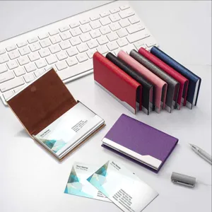 Stainless steel PU leather business card holder sleek professional metal card case.