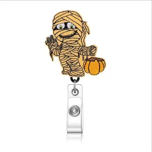 Halloween mummy badge reel cute embroidered retractable nurse ID badge holder for keys and cards