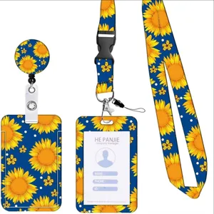 Set cordino porta badge retrattile e porta carte con allegro motivo a girasole stampato.
