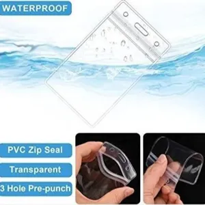 Porte-badge vertical transparent en PVC imperméable avec fermeture éclair et trous pré-percés.