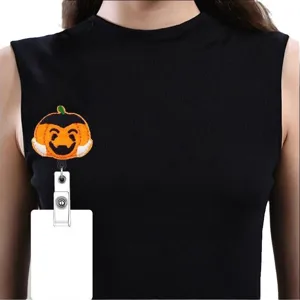 Halloween Retractable Badge Reel Cute Pumpkin Felt ID Badge Holder for Nurse Office Staff
