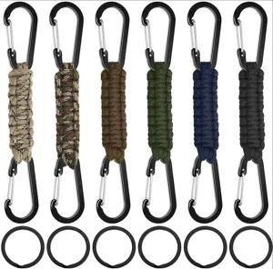 Detailed view of multi-color paracord keychains with durable metal carabiners and rings.