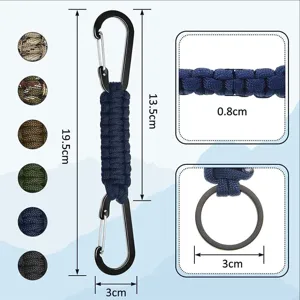 Outdoor multifunctional paracord keychain with metal carabiner and key ring, detail specs.