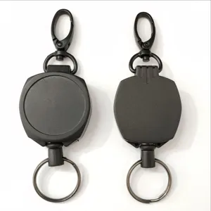Heavy duty black retractable badge reel with lobster clasp and key ring for daily use.