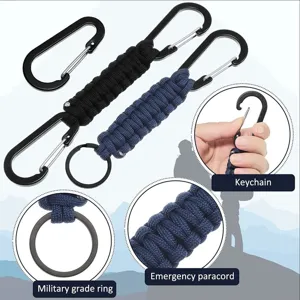 Outdoor tactical paracord keychain with carabiner and metal ring for emergency survival gear