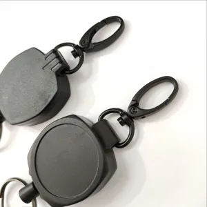 Heavy duty black retractable badge reel with lobster clasp and metal key ring detail view.