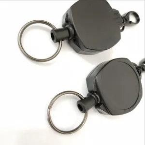 Heavy duty ABS black retractable badge reel key holder detail view, durable key ring clip.