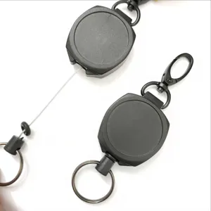 Heavy duty retractable badge reel with steel wire cable and secure carabiner clip for daily use.