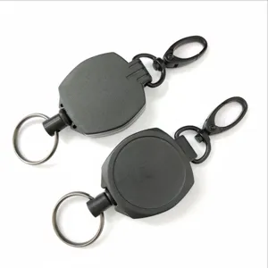 Detailed view of black heavy-duty ABS retractable badge reel with secure metal carabiner clip.