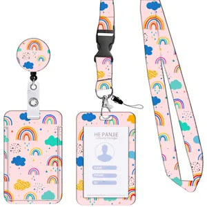 Roze regenboog wolk ID-kaarthouder met intrekbaar koord en badgehaspel set voor kantoor.