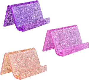 Glitter acrylic card holder detail view, sparkling purple pink gold display stand desktop accent.
