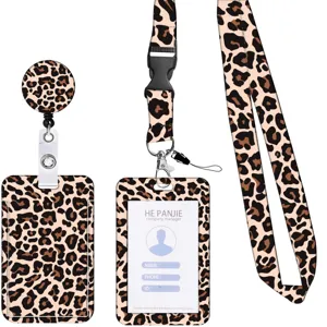 Luipaard print ID kaarthouder set met lanyard en intrekbare badgehouder katrol.
