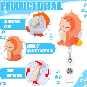 Cute dinosaur retractable badge reel with alligator clip and 360 degree rotation feature.