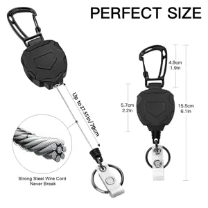 Llavero retráctil de alta resistencia con cable de acero y mosquetón para exterior.