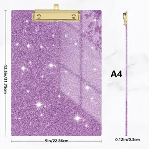 Paarse glitter acryl klembord A4 formaat met gouden metalen clip voor kantoor en school.