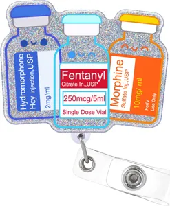 Carrete retráctil para credencial de enfermera con diseño de frasco de medicina brillante.
