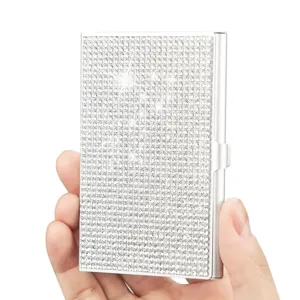 Porte-cartes de visite en métal avec strass brillants, étui ultra-mince en aluminium.