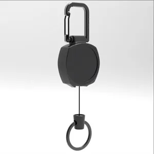 Detail view of the black metal retractable badge reel with carabiner clip and sturdy pull cord.