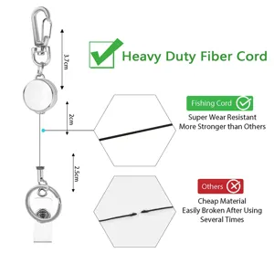 Portabadjes retráctil resistente con cordón de fibra duradero y mosquetón de metal.