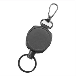 Black retractable badge reel key holder detail view, durable outdoor utility tool for keys.