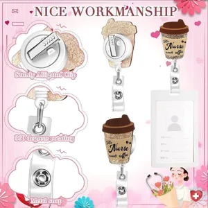 Porte-badge enroulable avec motif tasse de café, pince crocodile robuste et rotation fluide.
