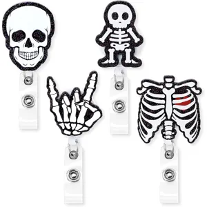 Glitter Acrylic Nurse Skeleton Retractable Badge Reel Cute Cartoon ID Card Holder Office School Badge Clip