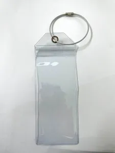 Vertical transparent PVC luggage tag waterproof ID card holder with steel wire loop.