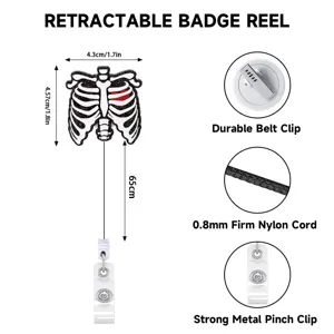 Retractable badge reel with skeleton heart design, durable clip and 65cm nylon cord for nurse.