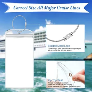 Close up detail showing waterproof zip top seal and durable braided metal loop on clear tag.