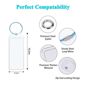 Clear PVC luggage tag card holder with steel loop wire and waterproof zip seal design.