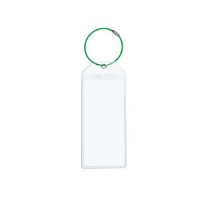 Clear plastic luggage tag detail view with green wire loop, waterproof ID card holder.