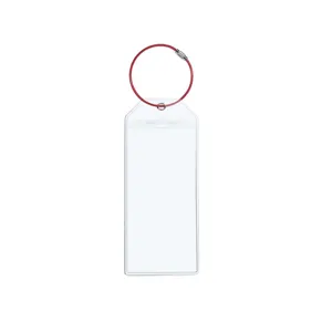 Clear plastic vertical luggage tag card holder with red wire loop for travel identification